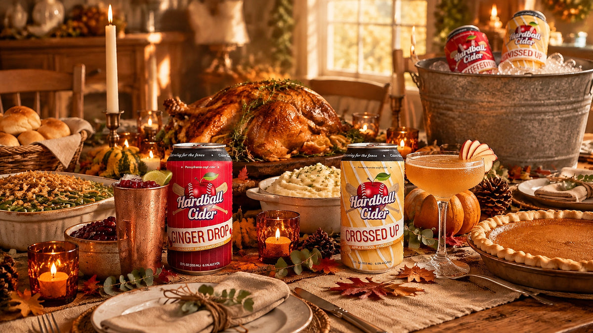 Thanksgiving feast at a fifth-generation farm with roasted turkey, sides, pumpkin pie, and Hardball ciders including Ginger D