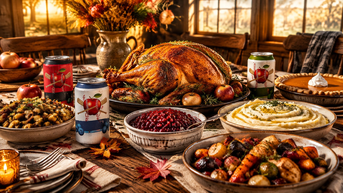 A welcoming Thanksgiving table with roast turkey, cranberry sauce, autumn sides, pie and cider in golden-hour light